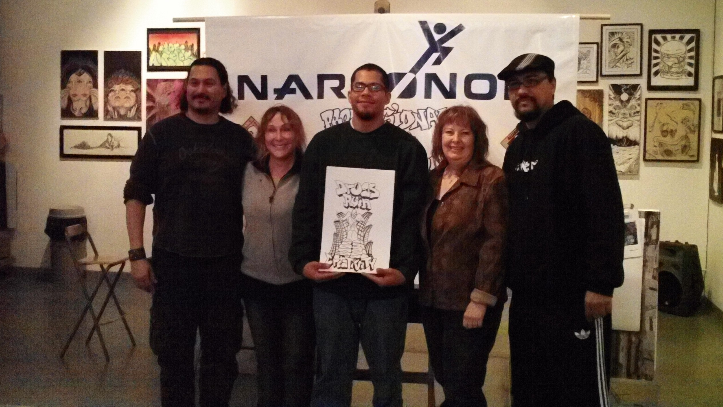 (from left) judges, Gino Montesinos, writer actor, Heidi Lemmon, President National Skateboard Association, Graff Battle Winner, Tony Anguiano, Exec Dir., Narconon Professional Drug Prevention, Teddy Chambers, judge and owner Crewest Gallery, Man One    